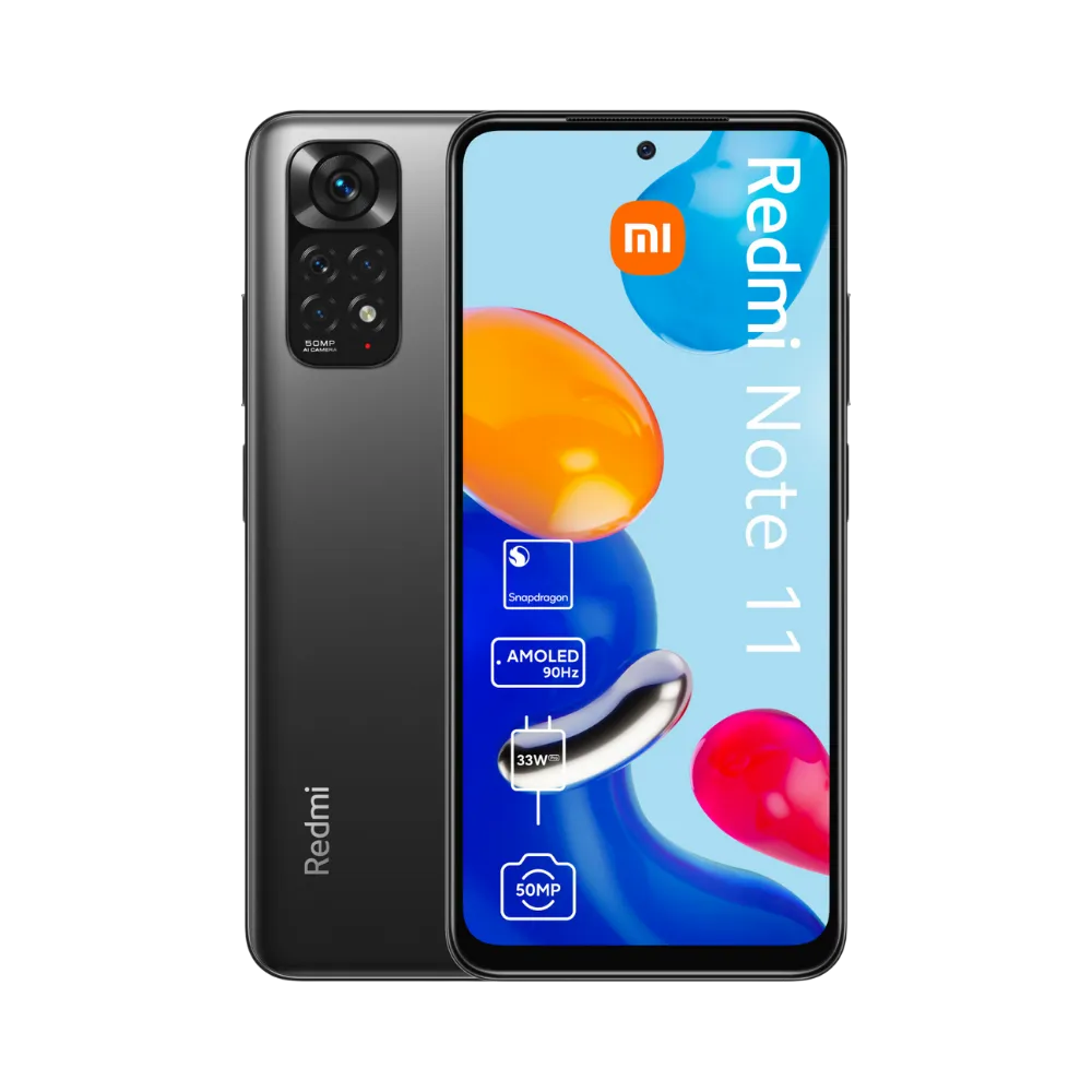Redmi Note 11 noir en vue avant et arrière — réparation écran AMOLED fissuré, remplacement vitre tactile, changement batterie usée par iTelier Lyon. Diagnostic gratuit, réparation locale en boutique Lyon 6 et service par correspondance sécurisé en France.