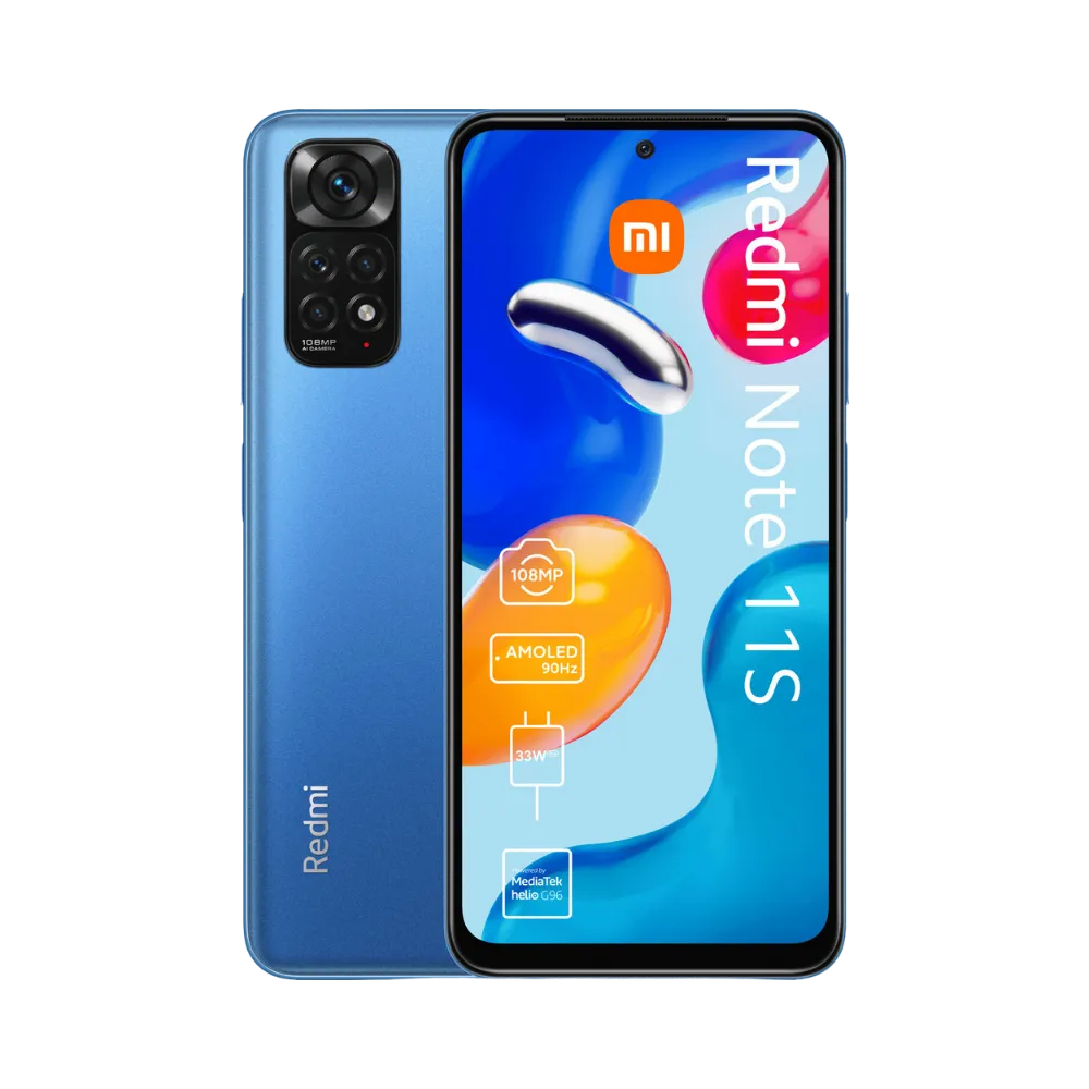 Redmi Note 11S bleu en vue avant et arrière — réparation écran AMOLED cassé, remplacement vitre tactile et batterie par iTelier Lyon. Service rapide, diagnostic gratuit, garantie pièces et main d’œuvre 12 mois en boutique et par correspondance.