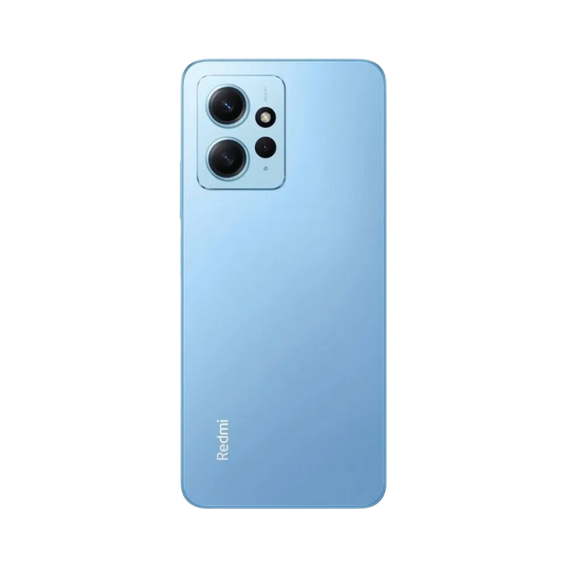 Dos du Redmi Note 12 4G bleu avec triple capteur photo — réparation lentille caméra, changement vitre arrière fissurée et remplacement batterie par iTelier Lyon, réparation express, pièces d’origine garanties 12 mois.