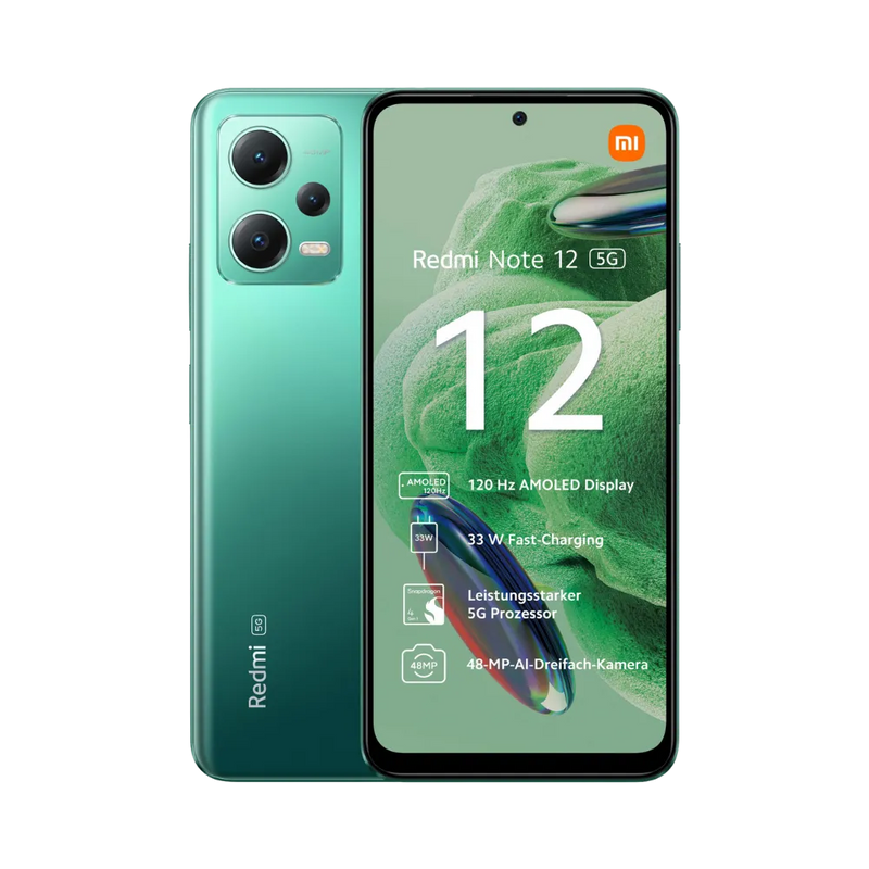 Redmi Note 12 5G vert en vue avant et arrière — réparation écran AMOLED, vitre cassée, remplacement batterie et connecteur de charge par iTelier Lyon, diagnostic gratuit, pièces garanties 12 mois, réparation rapide en boutique ou par correspondance France entière.