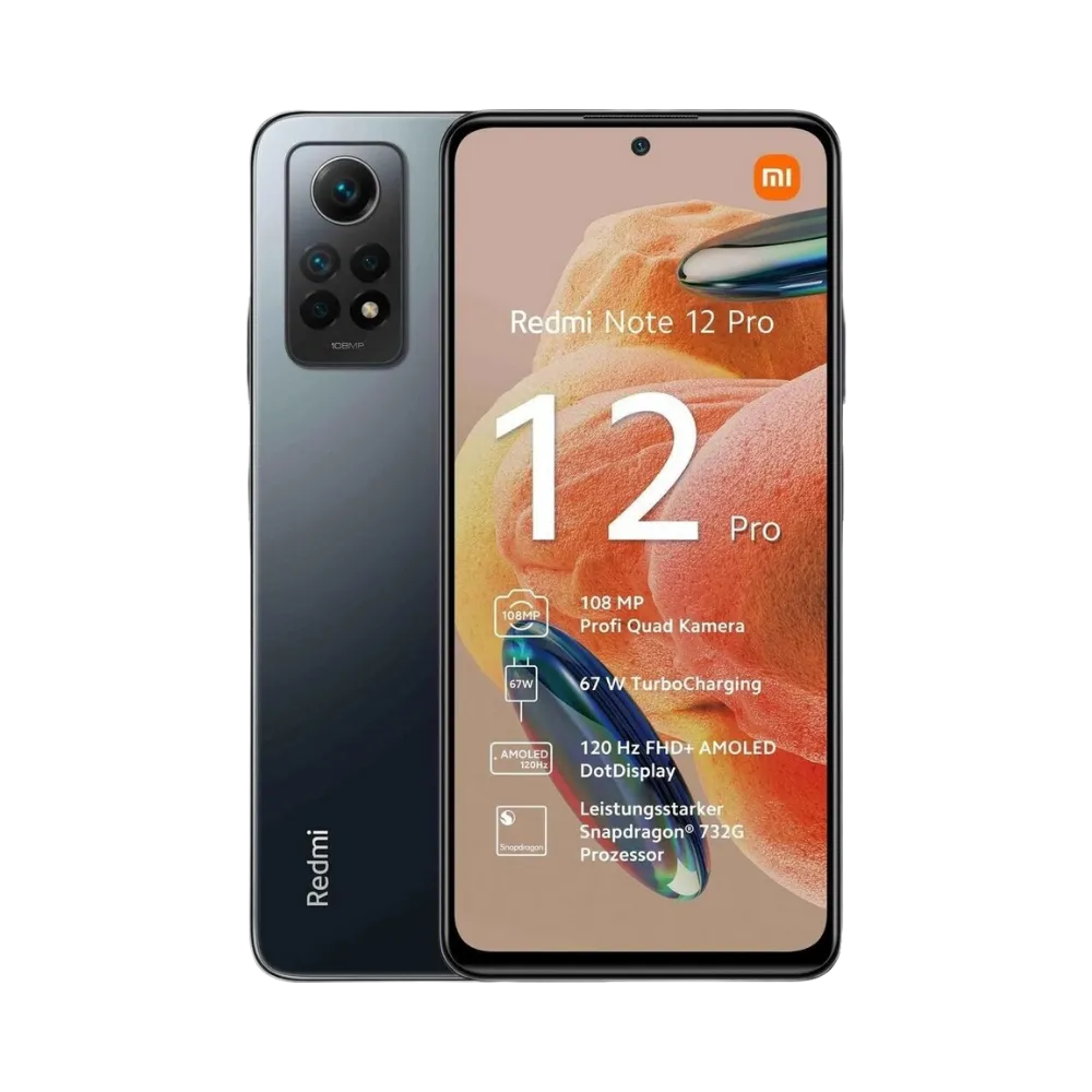 Redmi Note 12 Pro 4G noir en vue avant et arrière — réparation écran AMOLED, remplacement vitre cassée et changement batterie par iTelier Lyon, diagnostic gratuit, pièces garanties 12 mois, réparation rapide en boutique ou envoi postal France entière.