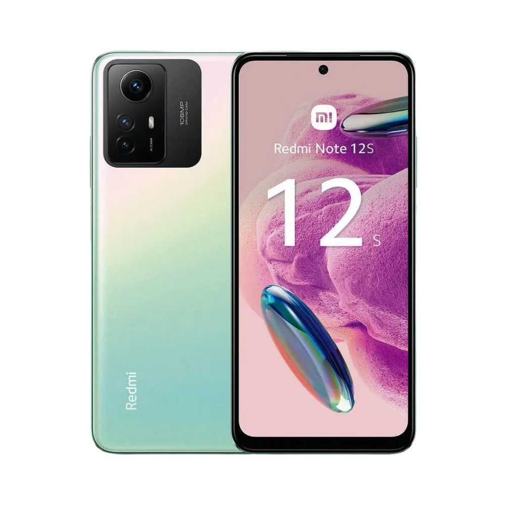 Redmi Note 12S vert en vue avant et arrière — réparation écran AMOLED, remplacement vitre cassée, changement batterie et pièces internes par iTelier Lyon, diagnostic offert, pièces garanties 12 mois, service rapide en boutique ou par correspondance.