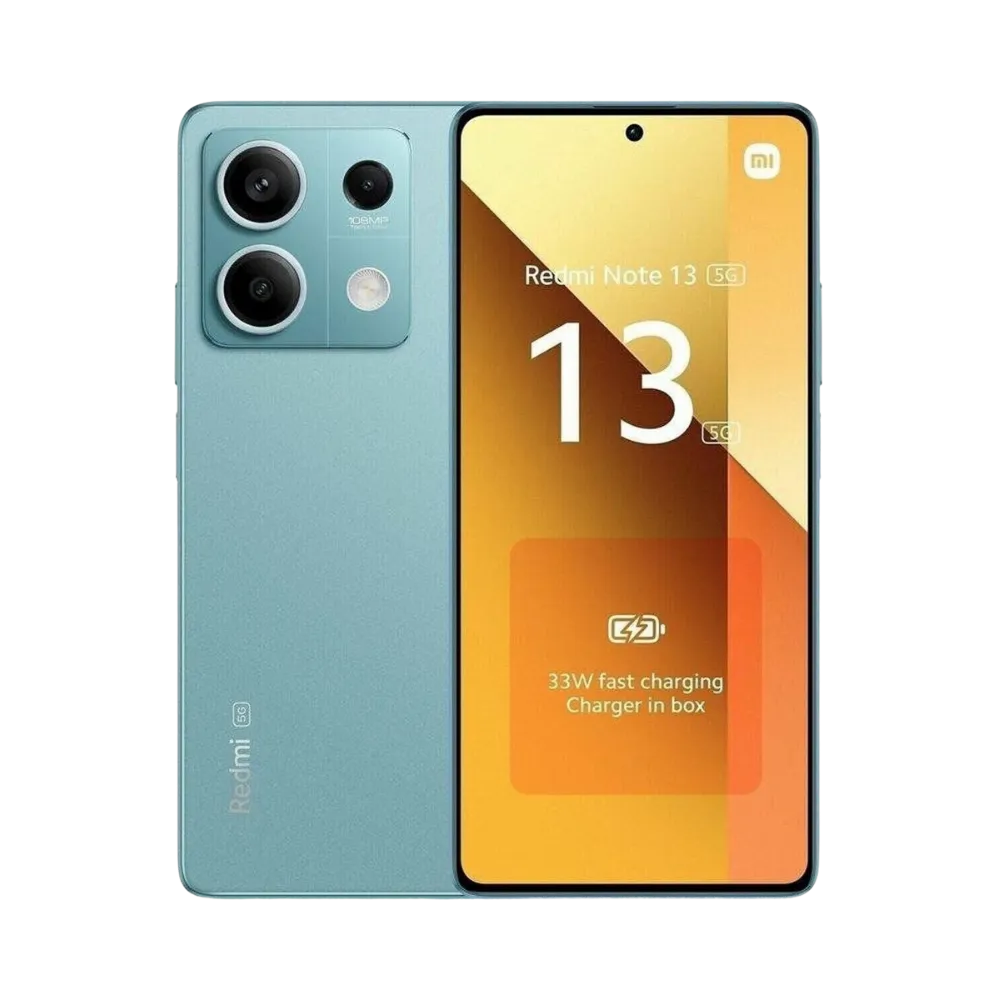 Redmi Note 13 5G bleu en vue avant et arrière — réparation écran AMOLED 120Hz, remplacement vitre cassée et changement batterie par iTelier Lyon, devis gratuit, réparation rapide en boutique ou service par correspondance France entière.