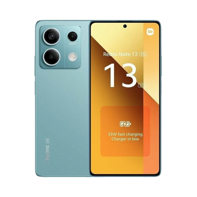 Redmi Note 13 5G bleu en vue avant et arrière — réparation écran AMOLED 120Hz, remplacement vitre cassée et changement batterie par iTelier Lyon, devis gratuit, réparation rapide en boutique ou service par correspondance France entière.