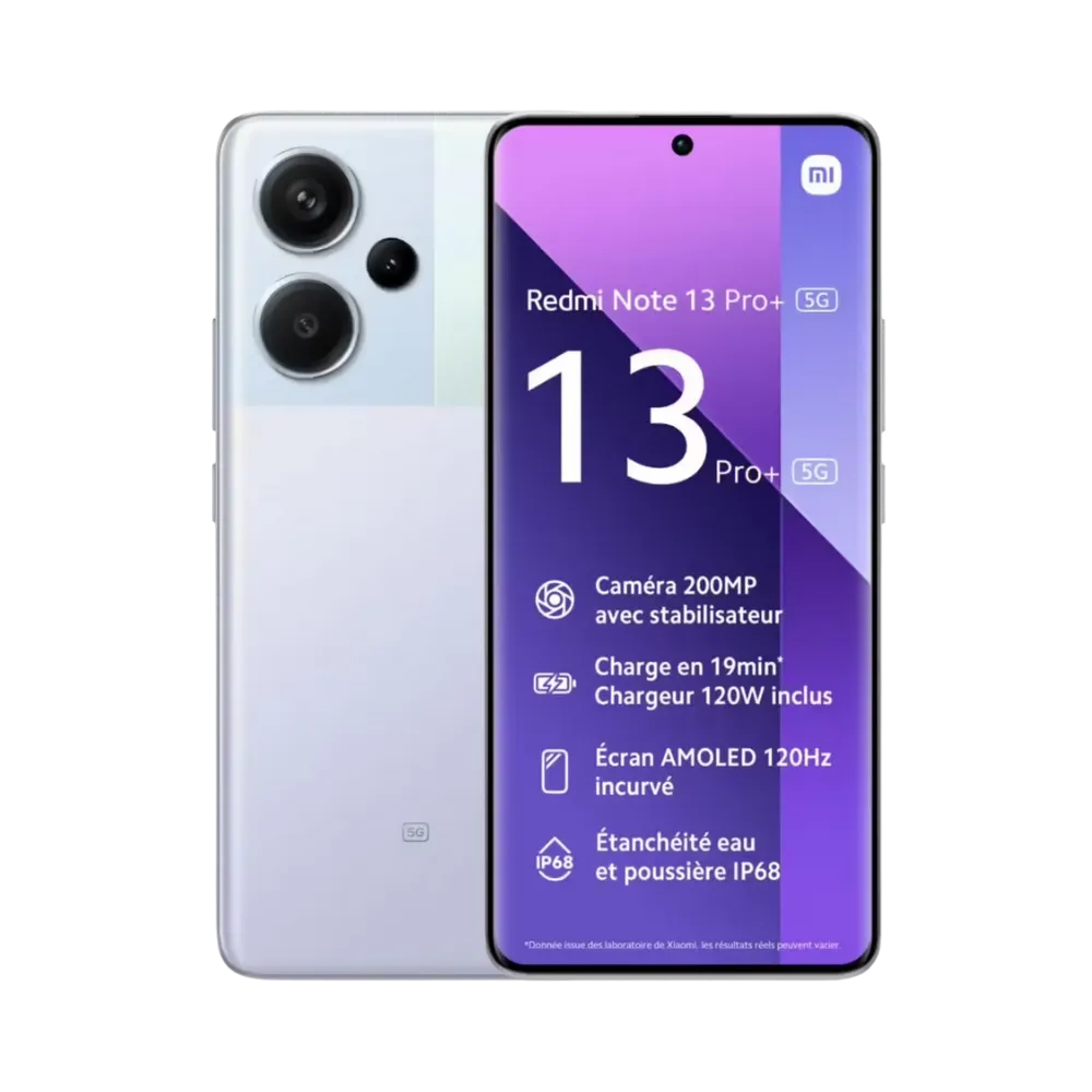 Redmi Note 13 Pro+ 5G violet en vue avant et arrière — réparation écran AMOLED incurvé, remplacement vitre avant cassée et changement batterie par iTelier Lyon, devis gratuit, service rapide en boutique ou envoi postal France.