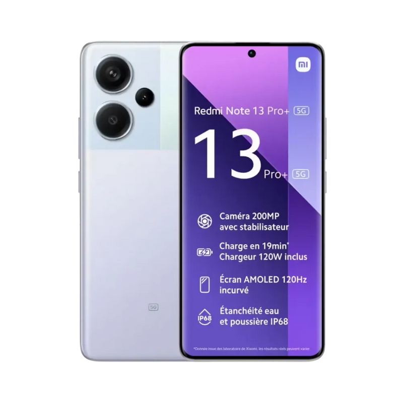 Redmi Note 13 Pro+ 5G violet en vue avant et arrière — réparation écran AMOLED incurvé, remplacement vitre avant cassée et changement batterie par iTelier Lyon, devis gratuit, service rapide en boutique ou envoi postal France.