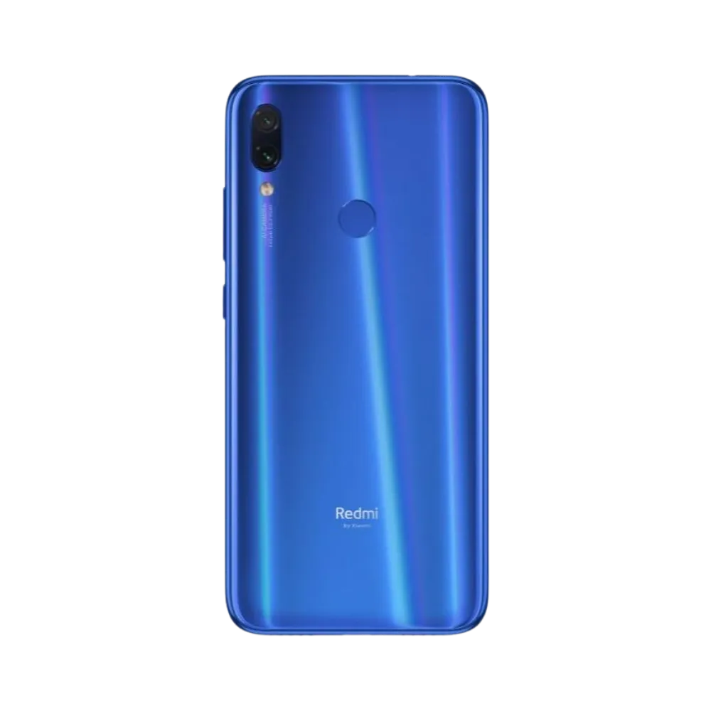Dos du Redmi Note 7 bleu avec bloc photo vertical — réparation appareil photo et vitre arrière chez iTelier Lyon, techniciens experts, diagnostic offert et pièces garanties 1 an.