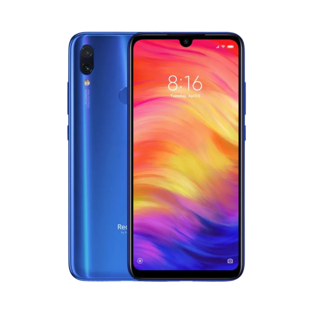 Redmi Note 7 bleu en vue avant et arrière — réparation écran, vitre arrière et batterie par iTelier Lyon, diagnostic gratuit, pièces d’origine garanties 1 an, service express et envoi national.