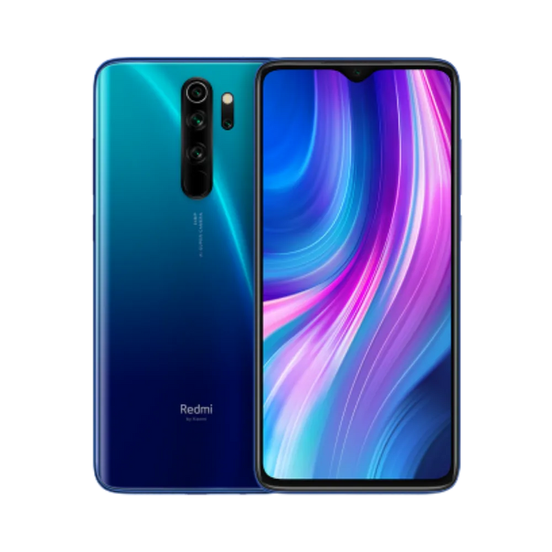 Redmi Note 8 Pro bleu en vue avant et arrière — réparation écran, vitre arrière et batterie par iTelier Lyon, diagnostic gratuit, pièces d’origine garanties 1 an, service express et envoi national.