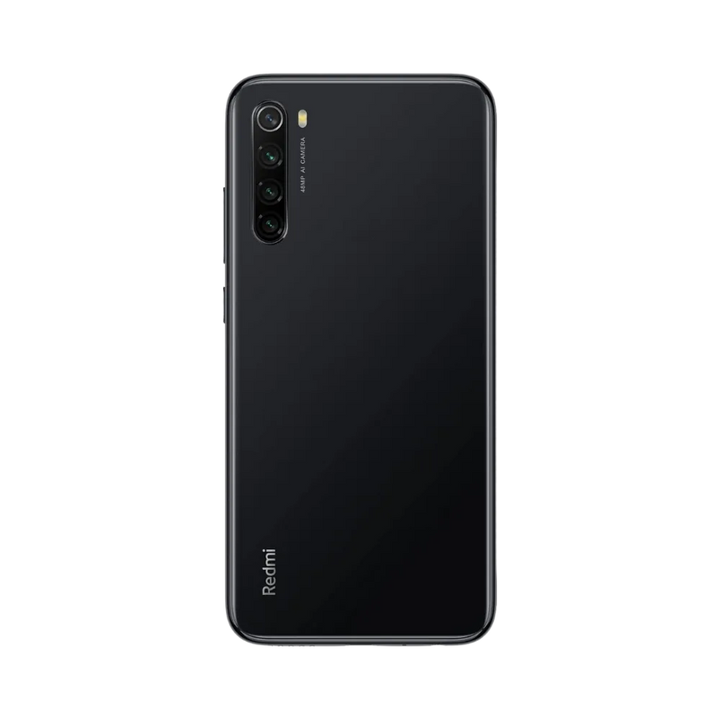 Dos du Redmi Note 8 noir avec bloc photo vertical — réparation appareil photo et vitre arrière chez iTelier Lyon, techniciens experts, diagnostic offert et pièces garanties 1 an.