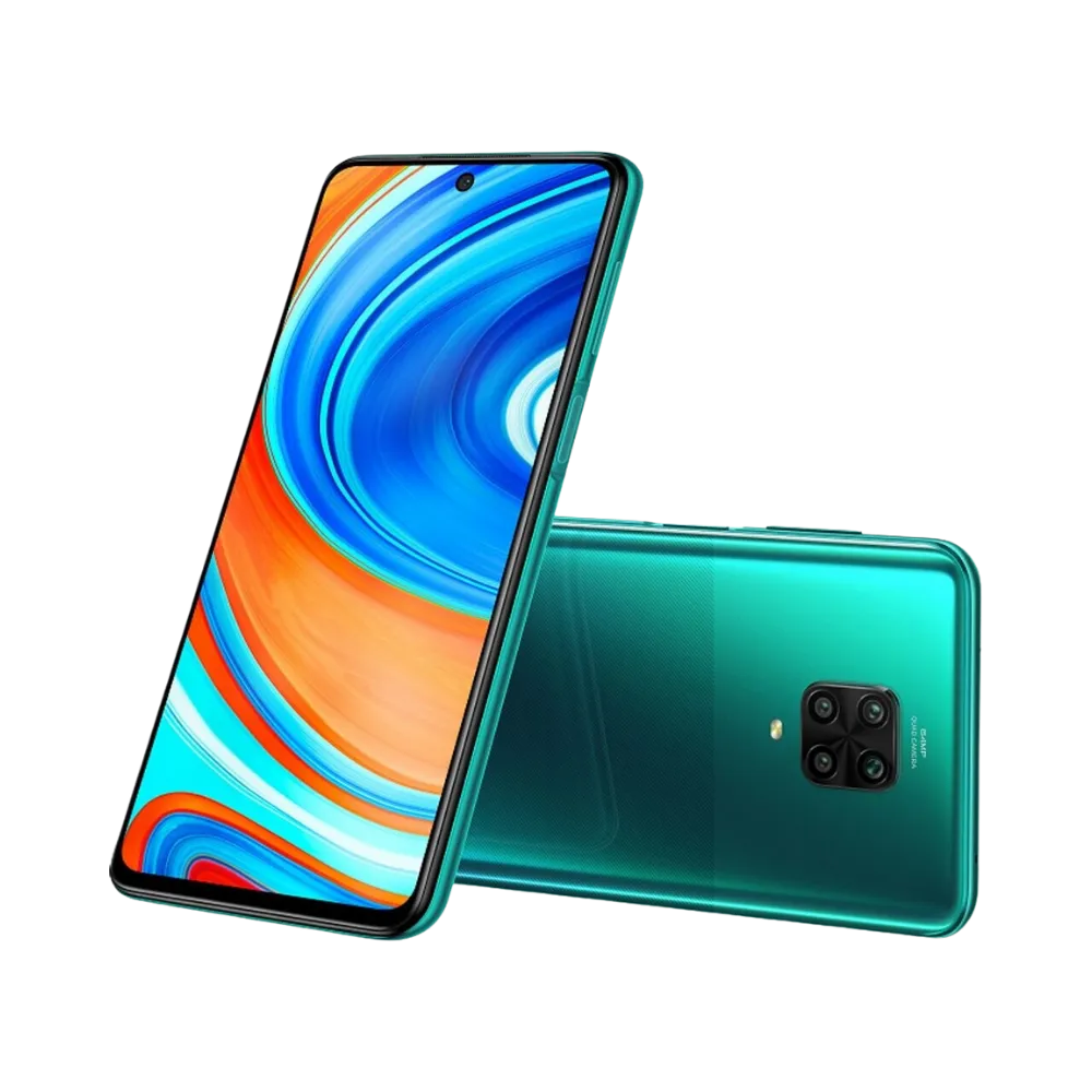 Redmi Note 9 Pro en vue avant et arrière posés en perspective — réparation complète écran, batterie, vitre arrière et caméra par iTelier Lyon, diagnostic offert, pièces d’origine garanties 1 an.