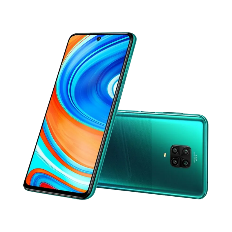 Redmi Note 9 Pro en vue avant et arrière posés en perspective — réparation complète écran, batterie, vitre arrière et caméra par iTelier Lyon, diagnostic offert, pièces d’origine garanties 1 an.