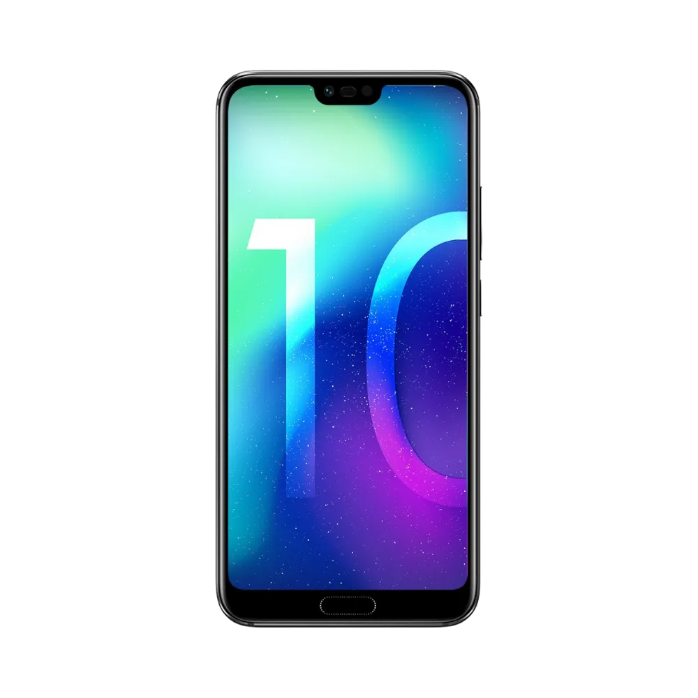 Honor 10 noir en position verticale, écran lumineux avec fond coloré bleu et violet et encoche supérieure, idéal pour illustrer réparation écran original et diagnostic gratuit chez iTelier Lyon.