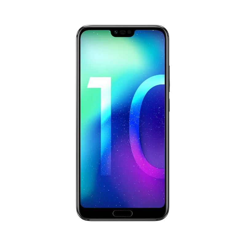 Honor 10 noir en position verticale, écran lumineux avec fond coloré bleu et violet et encoche supérieure, idéal pour illustrer réparation écran original et diagnostic gratuit chez iTelier Lyon.