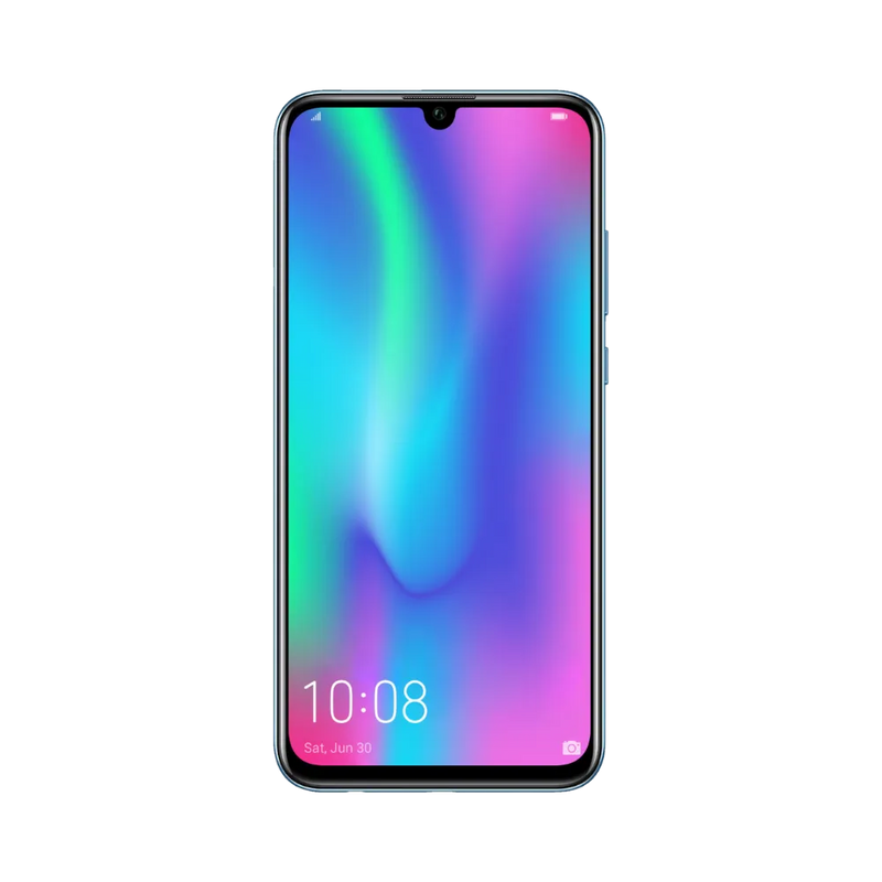 Honor 10 Lite bleu en position verticale, écran lumineux avec fond dégradé violet et vert et encoche en haut, idéal pour illustrer réparation écran original et diagnostic gratuit chez iTelier Lyon.