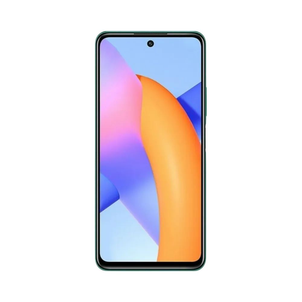 Honor 10X Lite vert en position verticale, écran lumineux avec fond coloré orange et violet et poinçon central pour caméra frontale, idéal pour illustrer réparation écran original et diagnostic gratuit chez iTelier Lyon.