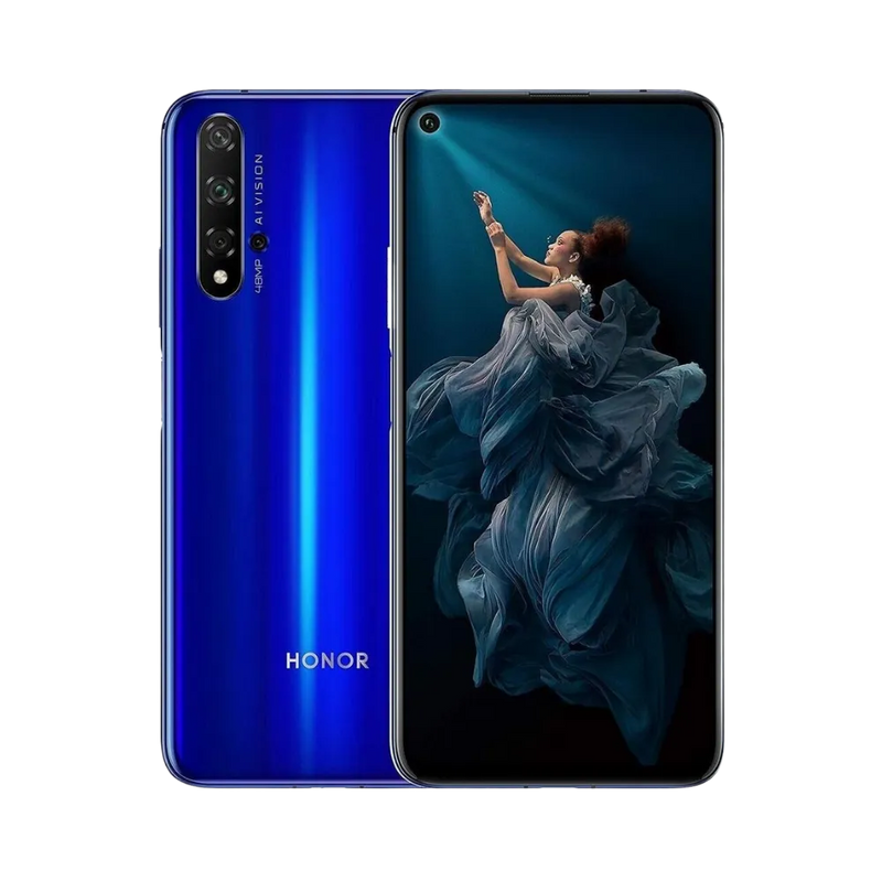 Honor 20 bleu affiché de face et de dos côte à côte, écran allumé avec fond représentant une femme en robe bleue, quadruple caméra arrière verticale bien visible, parfait pour réparations écran et vitre arrière chez iTelier Lyon.