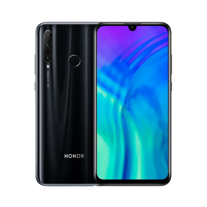 Honor 20 Lite noir affiché de face et de dos côte à côte, écran allumé avec fond dégradé bleu et violet, triple caméra arrière verticale visible, parfait pour réparations écran et vitre arrière chez iTelier Lyon.