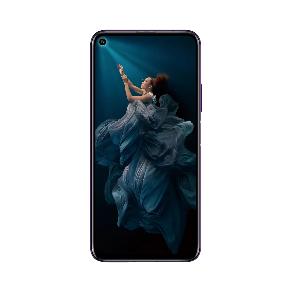 Honor 20 Pro violet en position verticale, écran lumineux affichant une femme en robe bleue sur fond noir, idéal pour illustrer réparation écran original et diagnostic gratuit chez iTelier Lyon.