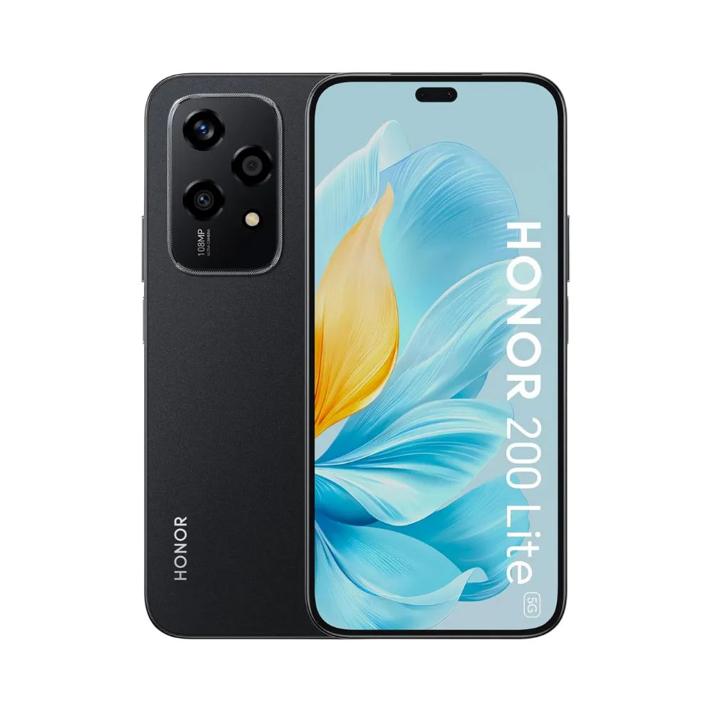 Honor 200 Lite noir affiché de face et de dos côte à côte, écran allumé avec fond bleu et texte HONOR 200 Lite, triple caméra arrière rectangulaire visible, parfait pour réparations écran et vitre arrière chez iTelier Lyon.