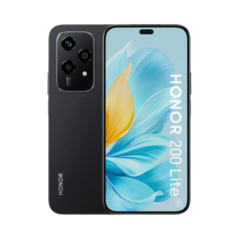 Honor 200 Lite noir affiché de face et de dos côte à côte, écran allumé avec fond bleu et texte HONOR 200 Lite, triple caméra arrière rectangulaire visible, parfait pour réparations écran et vitre arrière chez iTelier Lyon.