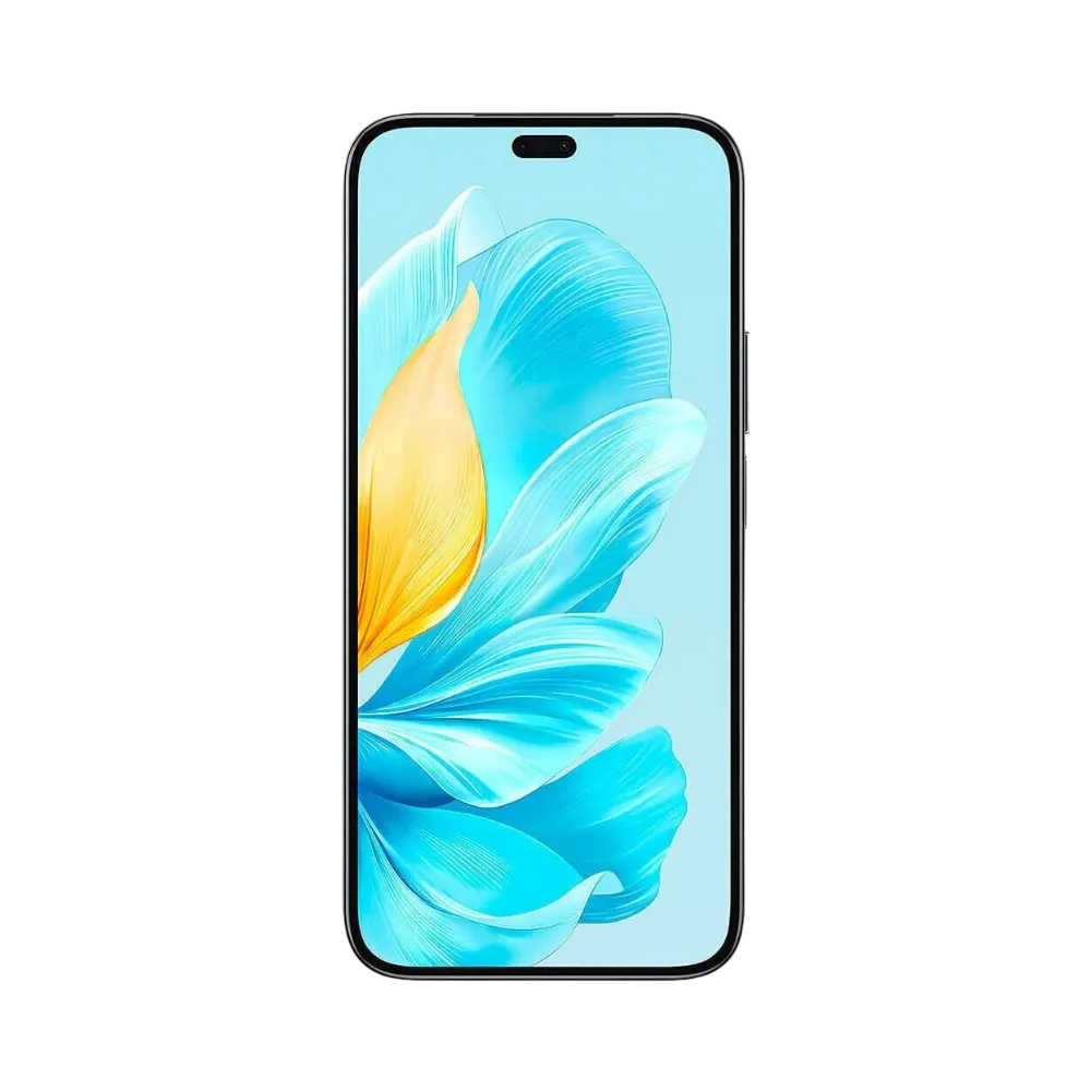 Honor 200 Lite noir en position verticale, écran lumineux avec fond bleu et poinçon central pour caméra frontale, idéal pour illustrer réparation écran original et diagnostic gratuit chez iTelier Lyon.