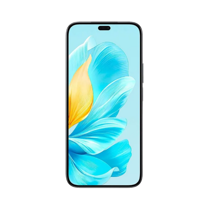 Honor 200 Lite noir en position verticale, écran lumineux avec fond bleu et poinçon central pour caméra frontale, idéal pour illustrer réparation écran original et diagnostic gratuit chez iTelier Lyon.