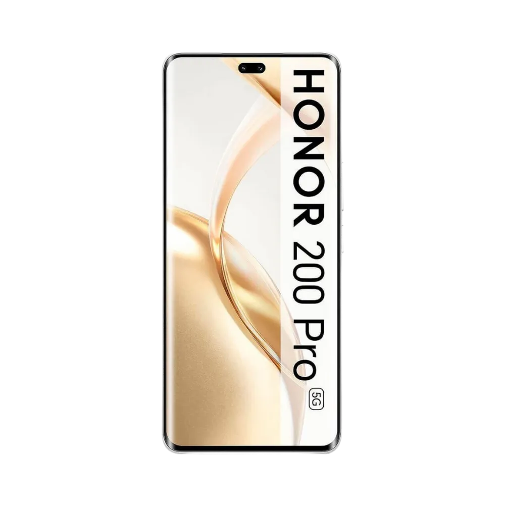 Honor 200 Pro noir en position verticale, écran lumineux avec fond doré et poinçon double caméra frontale en haut à gauche, idéal pour illustrer réparation écran original et diagnostic gratuit chez iTelier Lyon.