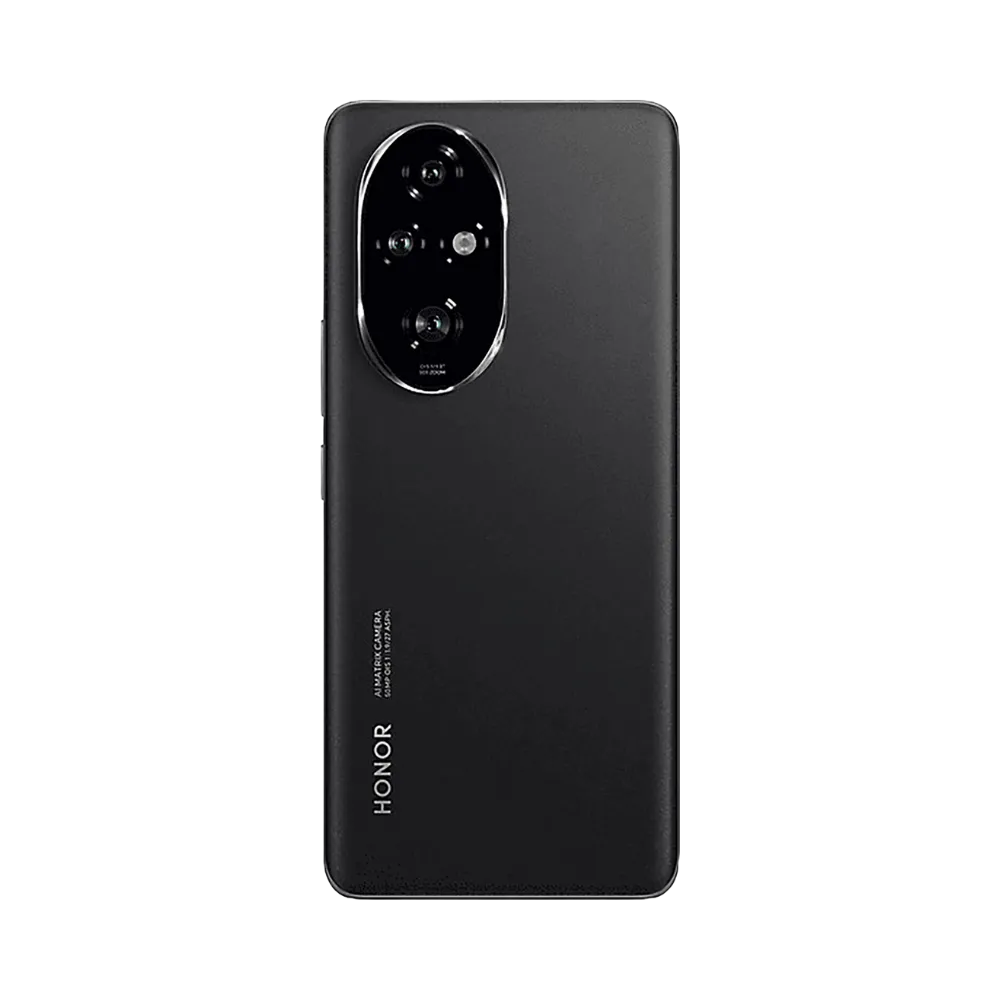 Honor 200 Pro noir vu de dos en position verticale, module photo ovale aligné en haut à gauche avec triple capteur visible, image optimisée pour réparations vitre arrière et remplacement caméra chez iTelier Lyon.