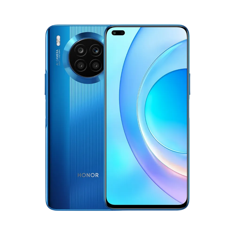 Honor 50 Lite bleu affiché de face et de dos côte à côte, écran allumé avec fond dégradé bleu et rose, grand module photo circulaire arrière visible, parfait pour réparations écran et vitre arrière chez iTelier Lyon.