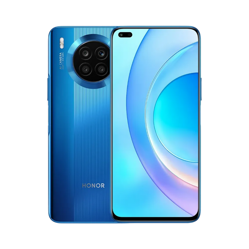 Honor 50 Lite bleu affiché de face et de dos côte à côte, écran allumé avec fond dégradé bleu et rose, grand module photo circulaire arrière visible, parfait pour réparations écran et vitre arrière chez iTelier Lyon.