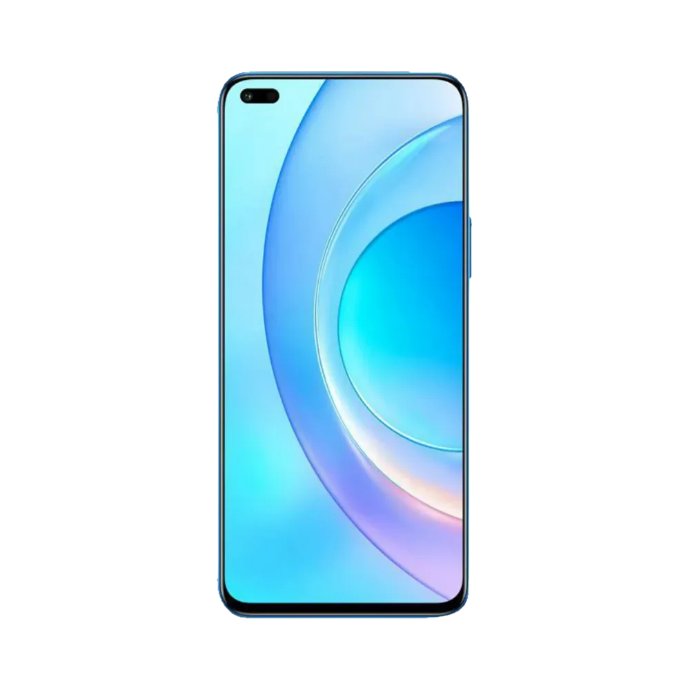 Honor 50 Lite bleu en position verticale, écran lumineux avec fond dégradé bleu et poinçon central pour caméra frontale, idéal pour illustrer réparation écran original et diagnostic gratuit chez iTelier Lyon.