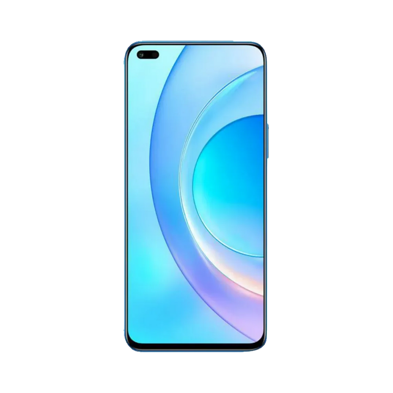 Honor 50 Lite bleu en position verticale, écran lumineux avec fond dégradé bleu et poinçon central pour caméra frontale, idéal pour illustrer réparation écran original et diagnostic gratuit chez iTelier Lyon.