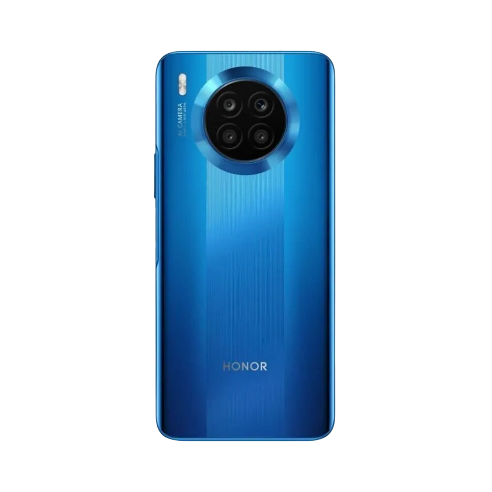 Honor 50 Lite bleu vu de dos en position verticale, module photo circulaire centré en haut avec quatre capteurs visibles, image optimisée pour réparations vitre arrière et remplacement caméra chez iTelier Lyon.