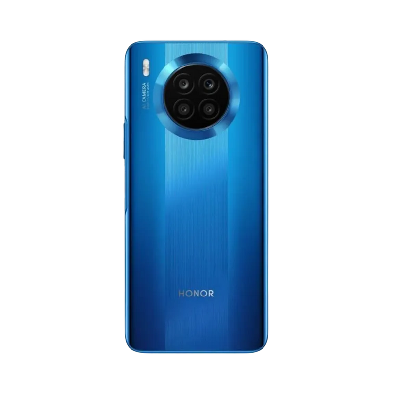 Honor 50 Lite bleu vu de dos en position verticale, module photo circulaire centré en haut avec quatre capteurs visibles, image optimisée pour réparations vitre arrière et remplacement caméra chez iTelier Lyon.