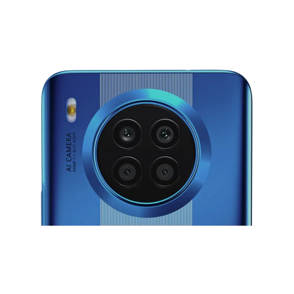 Honor 50 Lite bleu en gros plan sur le bloc photo circulaire arrière, capteurs multiples et flash bien visibles, idéal pour illustrer réparations caméra et vitre arrière chez iTelier Lyon.