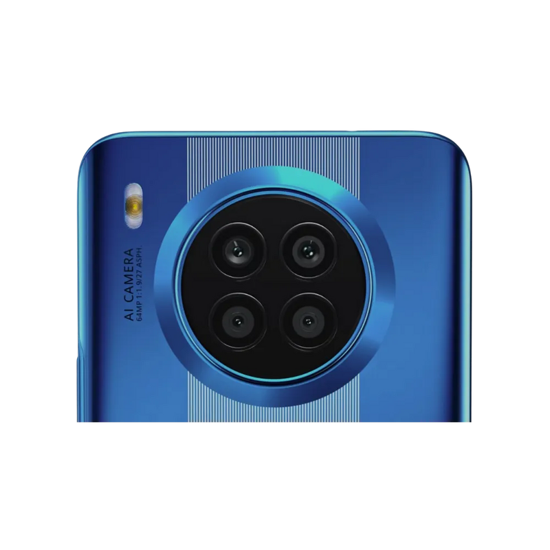 Honor 50 Lite bleu en gros plan sur le bloc photo circulaire arrière, capteurs multiples et flash bien visibles, idéal pour illustrer réparations caméra et vitre arrière chez iTelier Lyon.