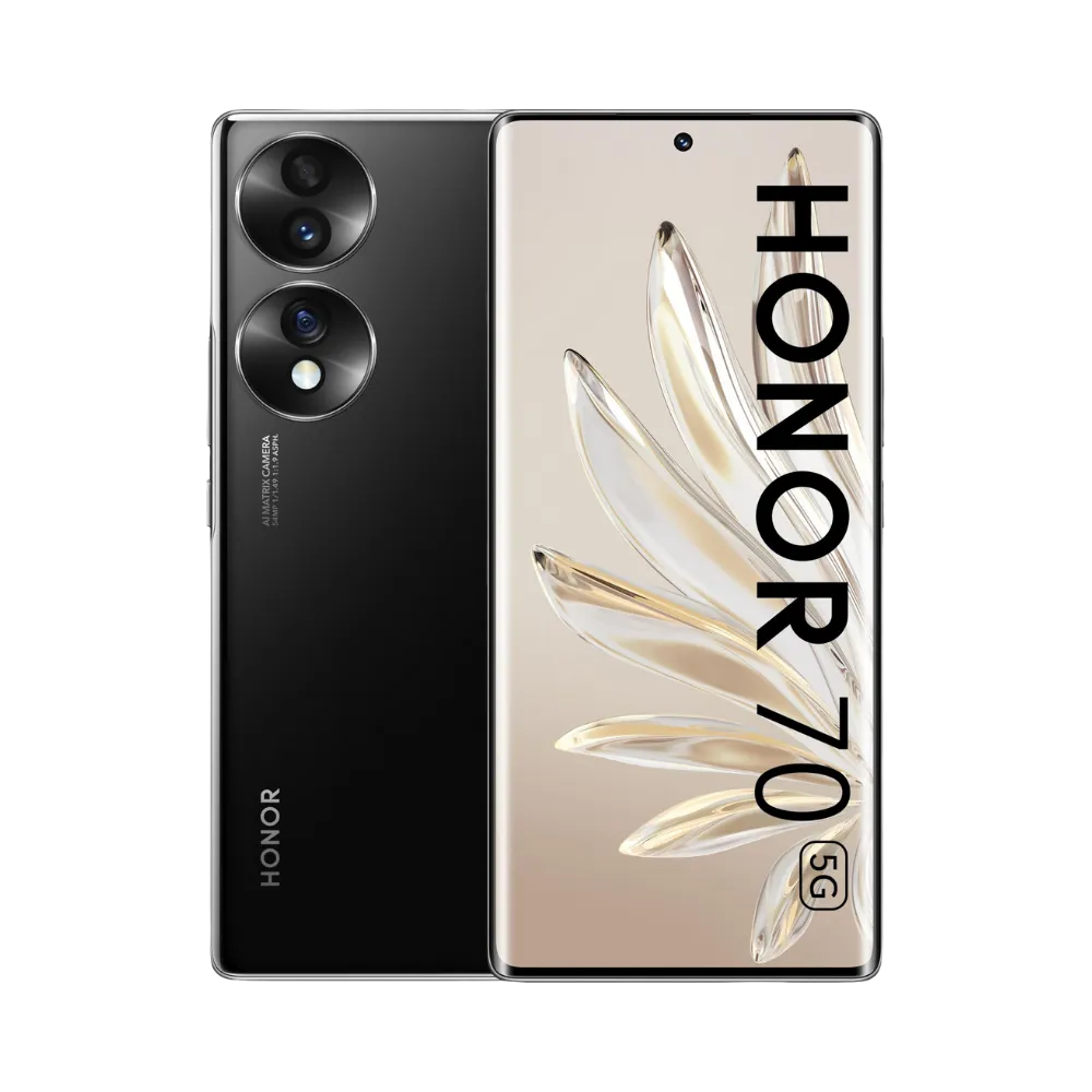 Honor 70 noir affiché de face et de dos côte à côte, écran allumé avec texte HONOR 70 et fond doré, double module photo circulaire arrière visible, parfait pour réparations écran et vitre arrière chez iTelier Lyon.