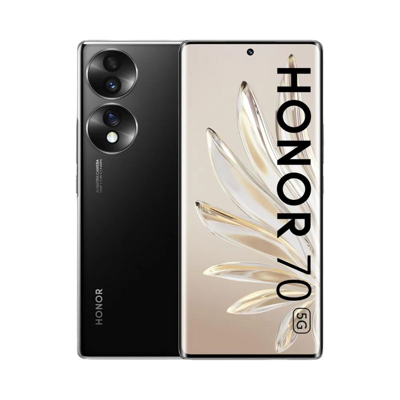 Honor 70 noir affiché de face et de dos côte à côte, écran allumé avec texte HONOR 70 et fond doré, double module photo circulaire arrière visible, parfait pour réparations écran et vitre arrière chez iTelier Lyon.