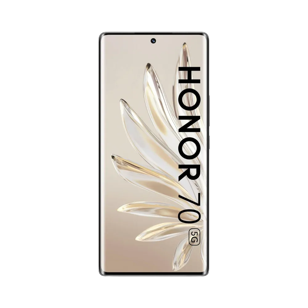 Honor 70 noir en position verticale, écran lumineux avec fond doré et poinçon central pour caméra frontale, idéal pour illustrer réparation écran original et diagnostic gratuit chez iTelier Lyon.