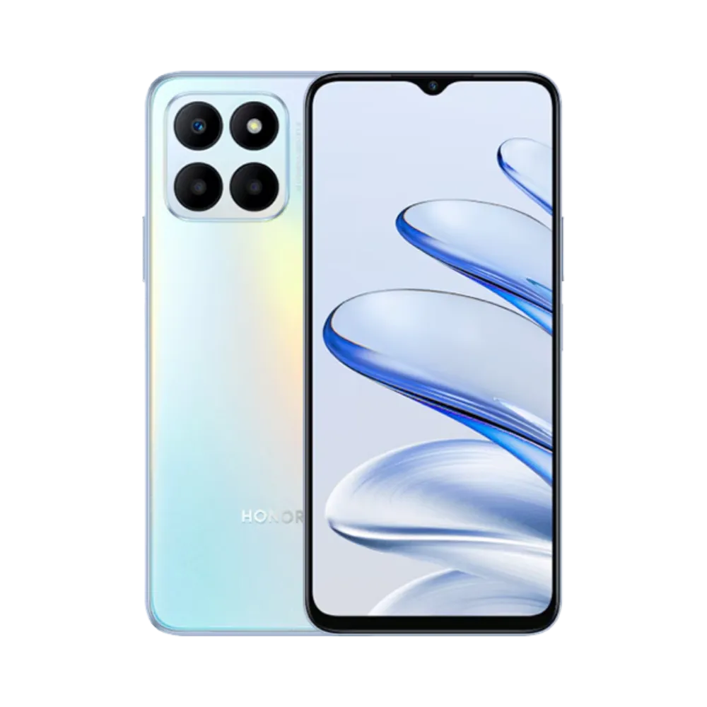 Honor 70 Lite bleu affiché de face et de dos côte à côte, écran allumé avec fond clair et bleu, module photo carré à quatre capteurs visible à l’arrière, parfait pour réparations écran et vitre arrière chez iTelier Lyon.