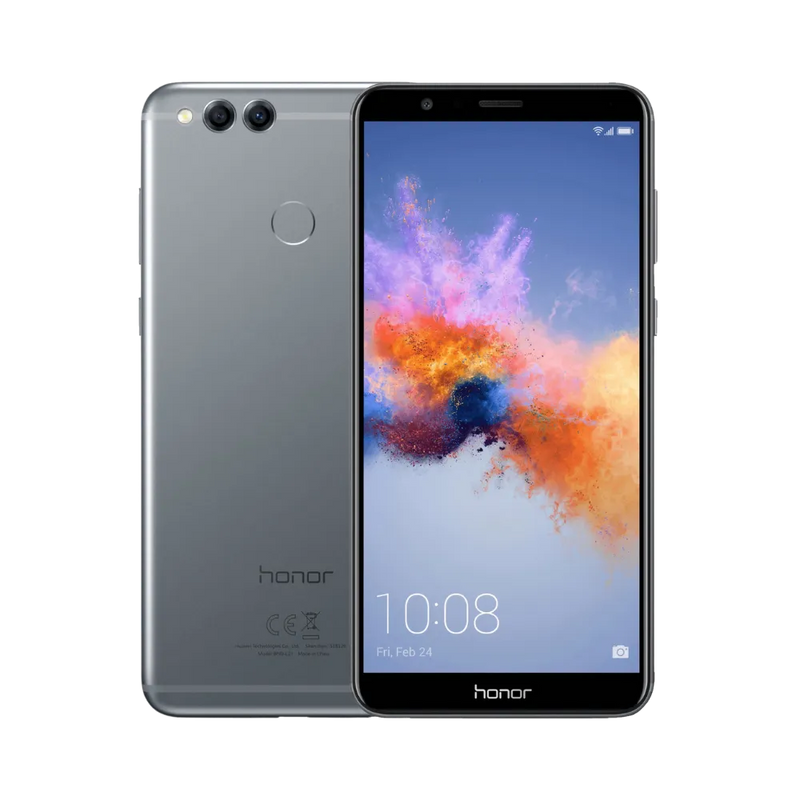 Honor 7X gris affiché de face et de dos côte à côte, grand écran lumineux sans bouton frontal, double caméra arrière horizontale et capteur d’empreinte, parfait pour réparations écran et vitre arrière chez iTelier Lyon.