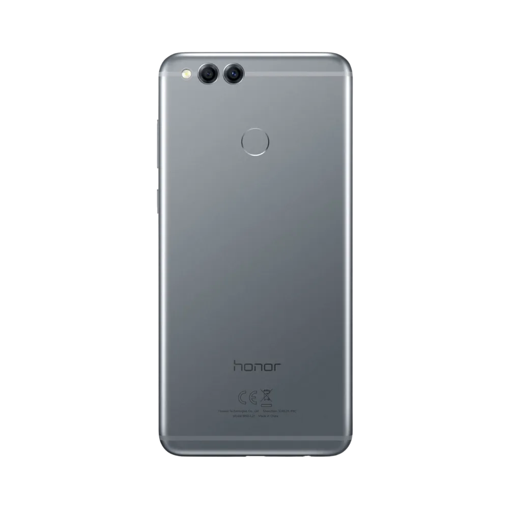 Honor 7X gris vu de dos, double caméra horizontale en haut à gauche et capteur d’empreinte circulaire au centre, parfait pour réparations vitre arrière, caméra et capteur chez iTelier Lyon.