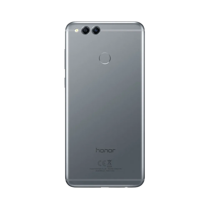 Honor 7X gris vu de dos, double caméra horizontale en haut à gauche et capteur d’empreinte circulaire au centre, parfait pour réparations vitre arrière, caméra et capteur chez iTelier Lyon.