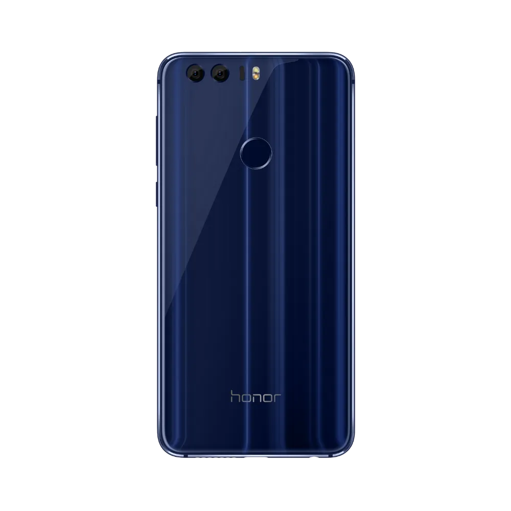 Honor 8 bleu vu de dos en position verticale, finition brillante, double caméra arrière horizontale et capteur d’empreinte circulaire, image optimisée pour réparations vitre arrière et caméra chez iTelier Lyon.