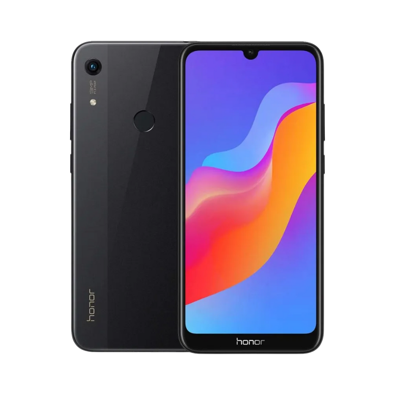 Honor 8A noir affiché de face et de dos côte à côte, écran allumé avec fond coloré orange et violet, simple caméra arrière verticale et capteur d’empreinte visibles, parfait pour réparations écran et vitre arrière chez iTelier Lyon.