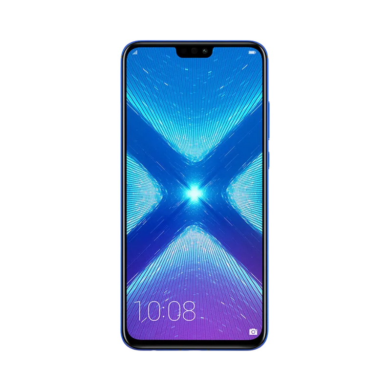 Honor 8X bleu en position verticale, écran lumineux avec encoche supérieure et fond en X bleu-violet, idéal pour illustrer réparation écran original et diagnostic gratuit chez iTelier Lyon.