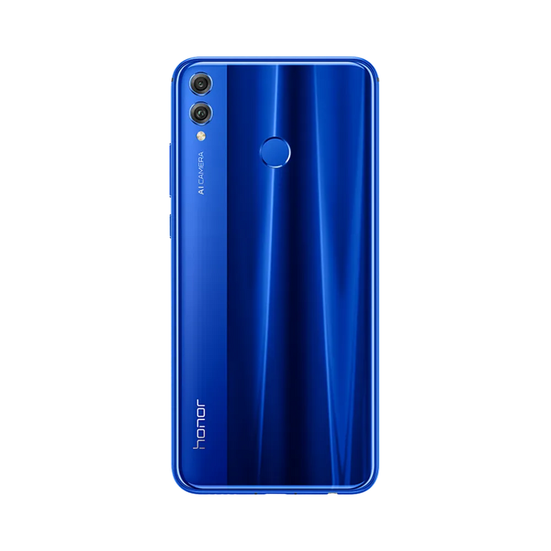 Honor 8X bleu vu de dos en position verticale, double caméra arrière verticale alignée à gauche et capteur d’empreinte circulaire au centre, image optimisée pour réparations vitre arrière et caméra chez iTelier Lyon.