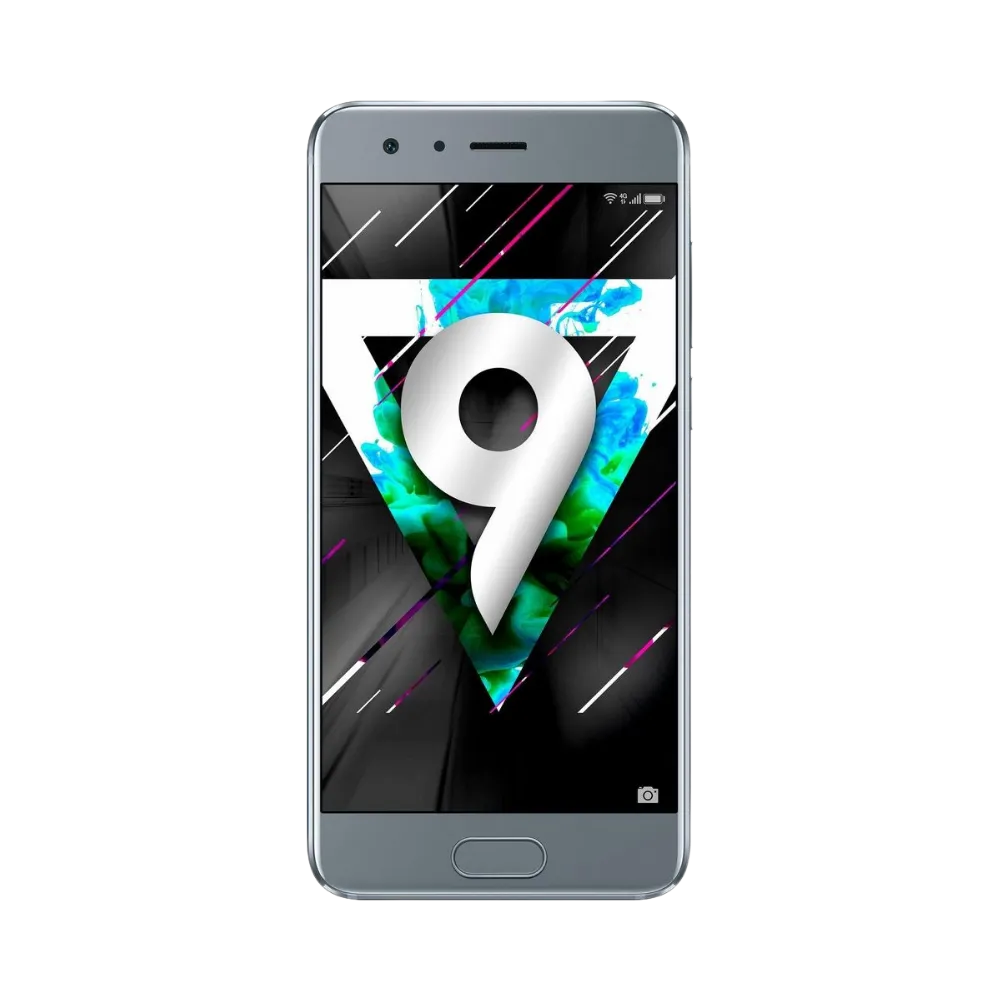 Honor 9 gris en position verticale, écran lumineux avec fond géométrique coloré et chiffre 9, idéal pour illustrer réparation écran original et diagnostic gratuit chez iTelier Lyon.