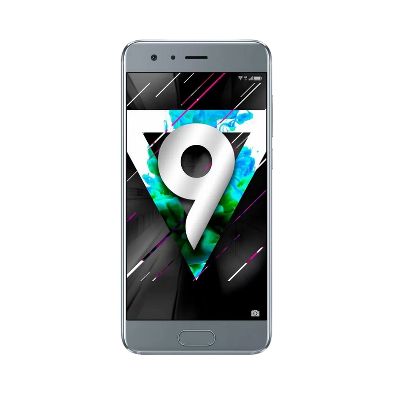 Honor 9 gris en position verticale, écran lumineux avec fond géométrique coloré et chiffre 9, idéal pour illustrer réparation écran original et diagnostic gratuit chez iTelier Lyon.